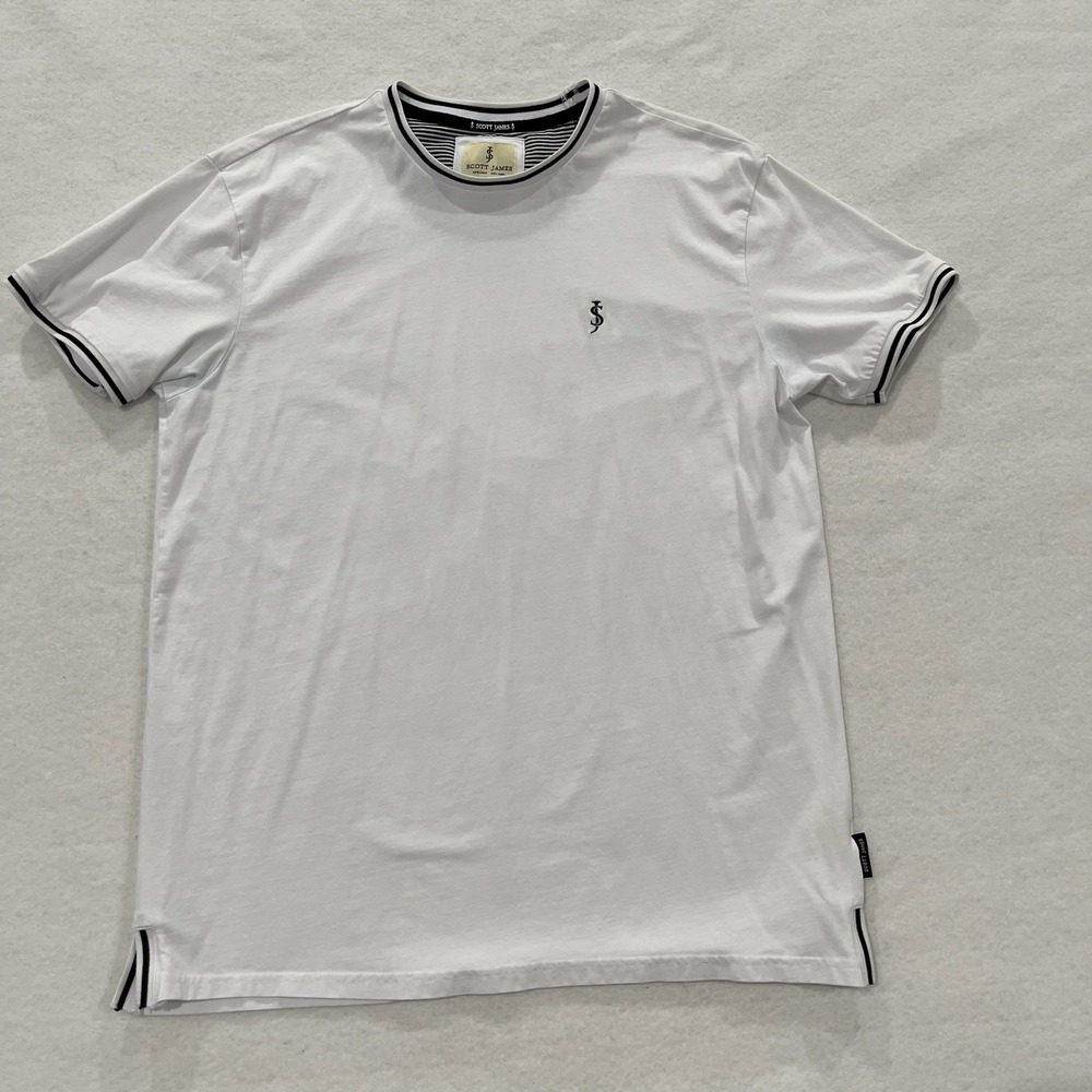 Scott James Mens White T-Shirt With Black Trim XL Cotton Blend Minimalist Preppy